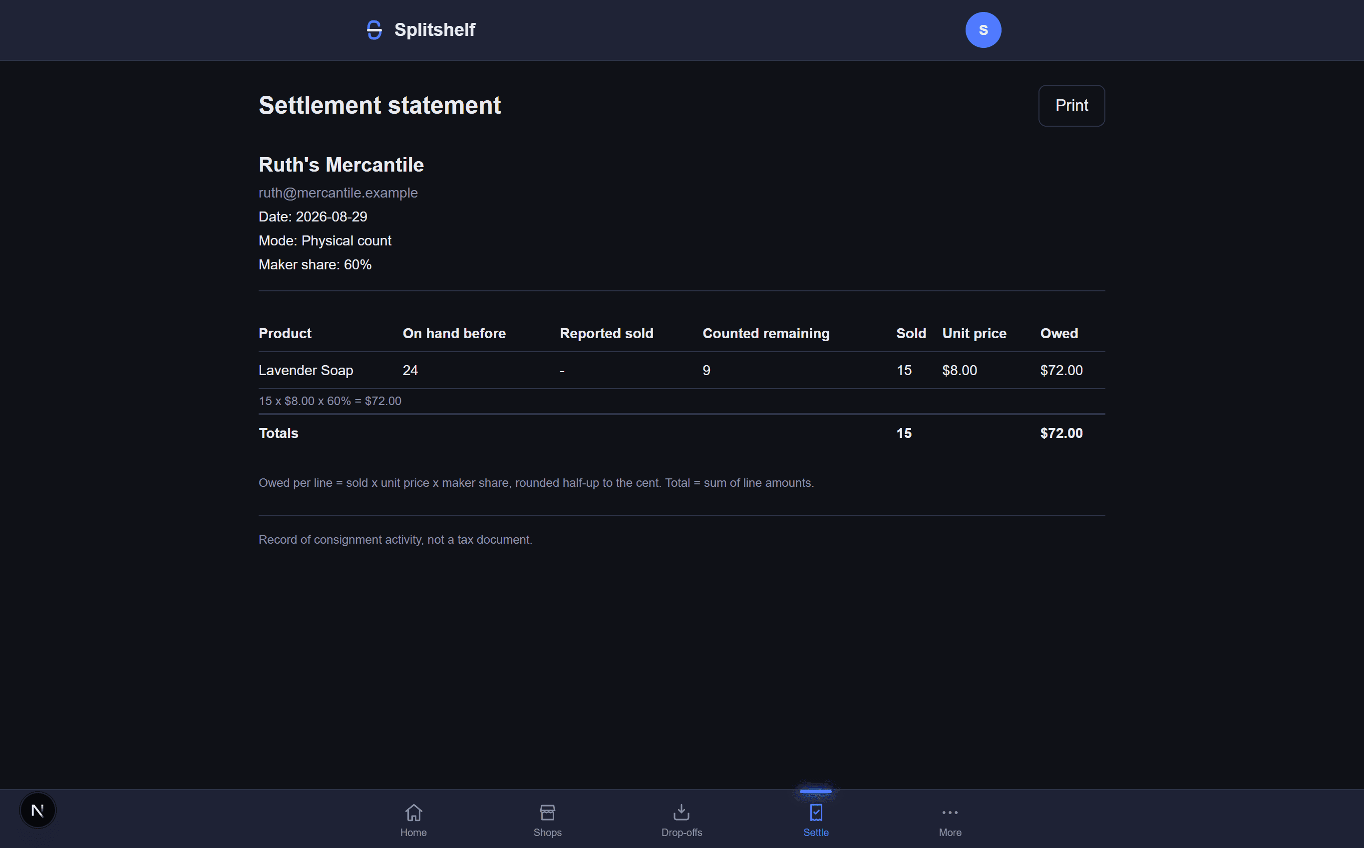 A Splitshelf settlement statement showing 15 sold, 2 unaccounted, and $72.00 owed